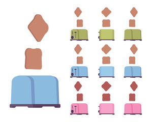 Toaster set, kitchen equipment. Electrical device making slice bread toast at home, hot snack, breakfast. Vector flat style cartoon illustration isolated on white background, different views and color