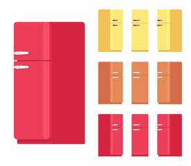 Retro fridge set, kitchen equipment. Refrigerator to keep cool, appliance to store food and drink fresh. Vector flat style cartoon illustration isolated on white background, different views and colors