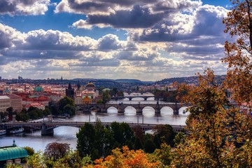 Charles bridge, Karluv most, Prague in winter at sunrise, Czech Republic.