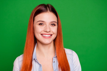 Fototapeta premium Close up photo of elegant optimistic content people person have free time holidays weekend long straight hairdo isolated wear modern jeans spring summer on green background