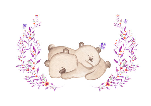 Sleepy teddy bears. Cute watercolor illustration