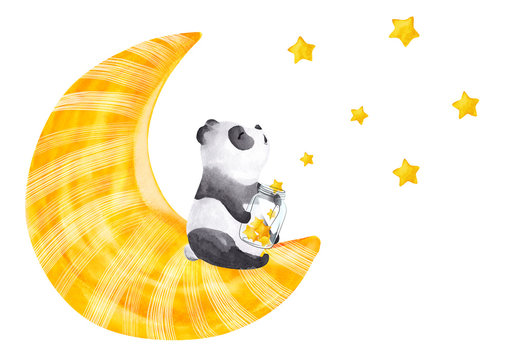 Little panda sitting on the moon. Cute watercolor illustration 