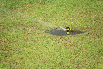 Automatic sprinkler system watering the lawn on a background of green grass.Thailand.