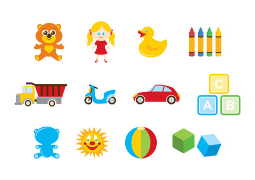 Different toys for kids icon set vector. Toys for boys and girls vector. Colorful toys isolated on a white background. Children's toys clipart