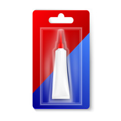 White Glossy Metal Tube In Colorful Blister Vector. Realistic Glue Tube In Blue And Red Packaging And Label Blank. Container For Epoxy Or Medicine Products. Isolated 3d Illustration