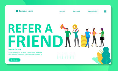 Obraz na płótnie Canvas Refer A Friend Concept Design, People share info about referral and earn money. Suitable for web landing page, ui, mobile app, banner template. Vector Illustration