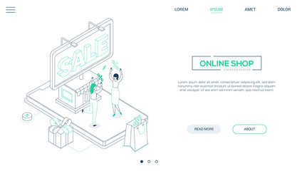 Online shop - line design style isometric web banner
