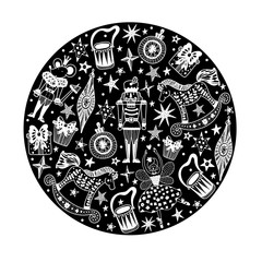 Nutcracker.  Black Christmas vector card. Around motif.