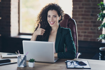 Portrait of satisfied pretty cute ceo clever intelligent with long curly hair make advert concept...