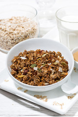 homemade chocolate granola, peanut butter and milk, vertical closeup