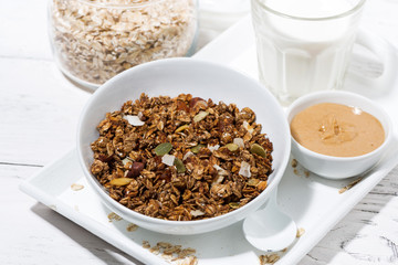 homemade chocolate granola, peanut butter and milk