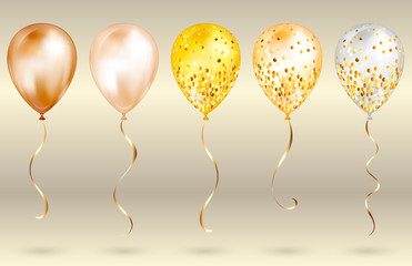Set of 5 shiny gold realistic 3D helium balloons for your design. Glossy balloons with glitter and gold ribbon, perfect decoration for birthday party brochures, invitation card or baby shower © miamilky