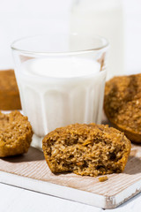 homemade oatmeal pumpkin muffins and a glass of milk, vertical
