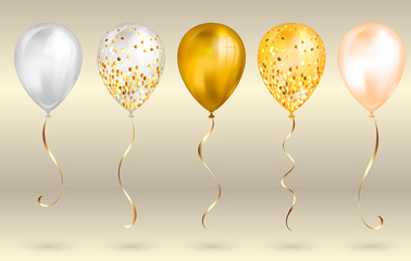 Set of 5 shiny gold realistic 3D helium balloons for your design. Glossy balloons with glitter and gold ribbon, perfect decoration for birthday party brochures, invitation card or baby shower