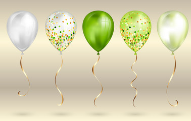 Set of 5 shiny olive green realistic 3D helium balloons for your design. Glossy balloons with glitter and gold ribbon, perfect decoration for birthday party brochures, invitation card or baby shower