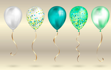 Set of 5 shiny realistic 3D teal helium balloons for your design. Glossy balloons with glitter and gold ribbon, perfect decoration for birthday party brochures, invitation card or baby shower