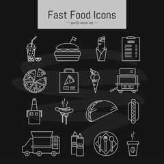 Set of simple fast food icons. Outline stroke vector illustration. Chalk board style.