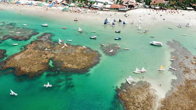 Aerial Forward: Amazing Tropical Beach with Colorful Boats and Beach Umbrellas in Porto de Galinhas, Brazil