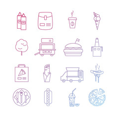 Set of simple fast food icons. Outline stroke vector illustration with colorful circles.