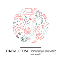 Fototapeta premium Fast food icons circle with text template. Outline vector illustration.