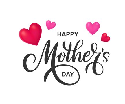 Happy Mothers day vector greeting card with red realistic hearts. Hand drawn lettering as celebration badge, tag, icon. Text card, invitation, template.