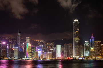 Hong Kong city laser show Symphony Of Lights Panorama Landmark skyscraper buildings at Victoria harbor in Hong Kong City
