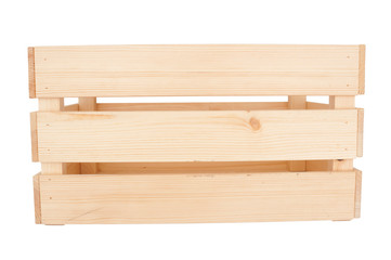 Wooden crate close up isolated on white background