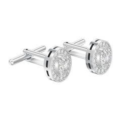 3D illustration isolated two white gold or silver metal chrome diamond cufflinks stud