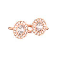3D illustration isolated two red rose gold metal chrome diamond cufflinks stud