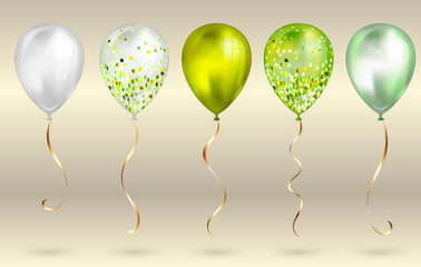 Set of 5 shiny olive green realistic 3D helium balloons for your design. Glossy balloons with glitter and gold ribbon, perfect decoration for birthday party brochures, invitation card or baby shower