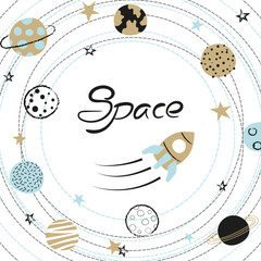 Obraz premium Space kids vector illustration with hand drawn planets and rocket.
