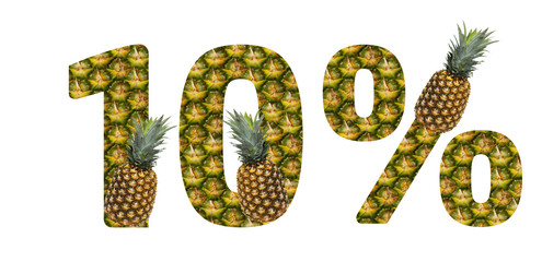 Ten percent  made from pineapple on a white background. Tropical fruit pineapple diet summer food