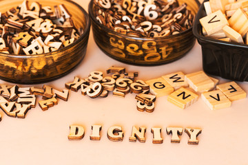 Dignity word from wooden blocks