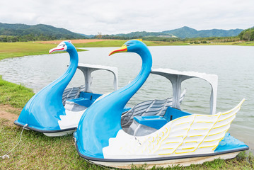 Swan boats Style on the lake in the Park with cloudy sky background.Thailand.