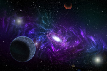 Fototapeta na wymiar Fantasy with planet against starry sky on deep background. Cosmic celestial sky. Abstract space backdrop. Outer space. Night scene. Sound of cosmic radiation of the universe