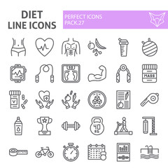 Diet line icon set, sport symbols collection, vector sketches, logo illustrations, gym signs linear pictograms package isolated on white background.