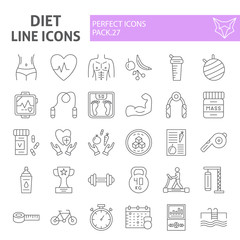 Diet thin line icon set, sport symbols collection, vector sketches, logo illustrations, gym signs linear pictograms package isolated on white background.