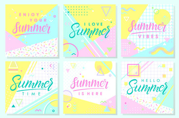 Set of artistic summer cards with bright background,pattern and geometric elements in memphis style.Abstract design templates perfect for prints,flyers,banners,invitations,covers,social media and more - obrazy, fototapety, plakaty