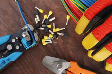 tools and equipment electrician on the table top view