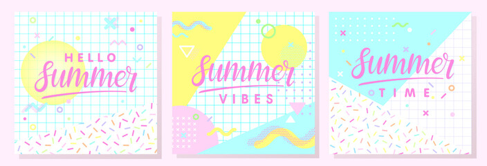 Fototapeta na wymiar Set of artistic summer cards with bright background,pattern and geometric elements in memphis style.Abstract design templates perfect for prints,flyers,banners,invitations,covers,social media and more