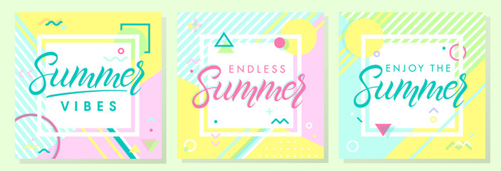 Set of artistic summer cards with bright background,pattern and geometric elements in memphis style.Abstract design templates perfect for prints,flyers,banners,invitations,covers,social media and more © Xenia Artwork 