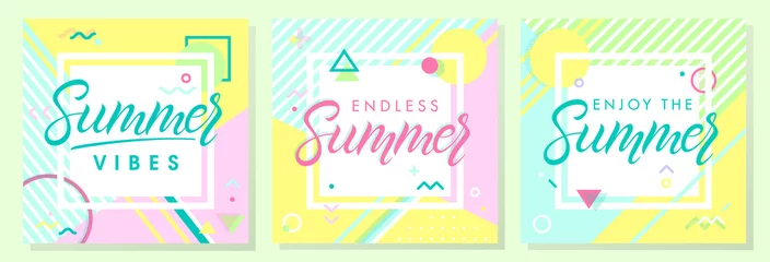 Fotobehang Set of artistic summer cards with bright background,pattern and geometric elements in memphis style.Abstract design templates perfect for prints,flyers,banners,invitations,covers,social media and more © Xenia Artwork 