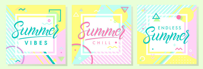 Set of summer cards in memphis style.Abstract design templates perfect for prints,flyers,banners,invitations,covers,social media and more.Summer vibes,summer chill,endless summer