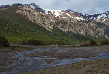 Fototapeta na wymiar Shallow river running alongside the Carretera Austral as it passes through Cerro Castillo National Reserve in northern Patagonia, Chile