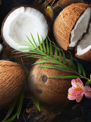 Fresh ripe coconut on dark marble background