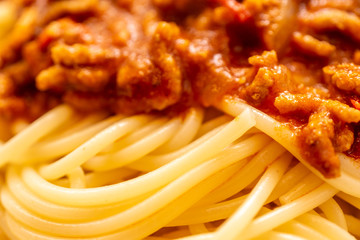 Close-up of spaghetti with Bolognese sauce in German style