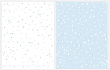 Lovely Abstract Geometric Vector Pattern with Confetti Rain. Blue and Gray Dots, Triangles and Squares Isolated on a White Background. Cute Baby Boy Party Decoration. White Confetti on a Blue Layout.