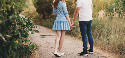 Back view couple walking away in the field, view of couple holding hands, lovers walking holding hands