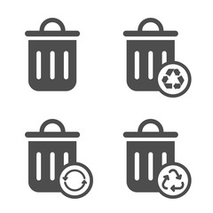 trash can silhouette vector icons isolated on white background. trash bin for garbage collection with recycle arrows sign