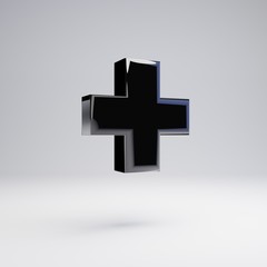 Volumetric glossy black plus symbol isolated on white background.